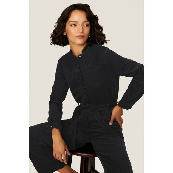 A.P.C. Justine Navy Corduroy Straight Leg Belted Long Sleeve Jumpsuit Size 2 - Picture 4 of 16